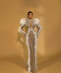 Long Sleeve Sequin Gown with Feathers