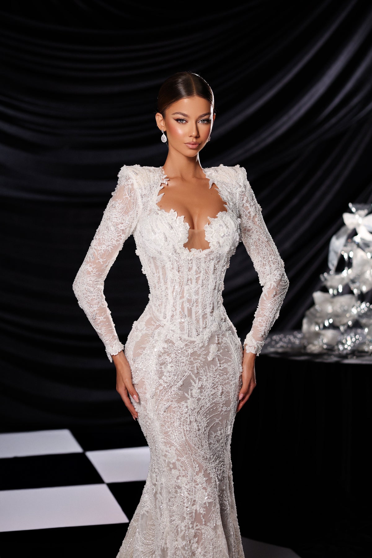 Embroidered Long Sleeve Mermaid Wedding Dress