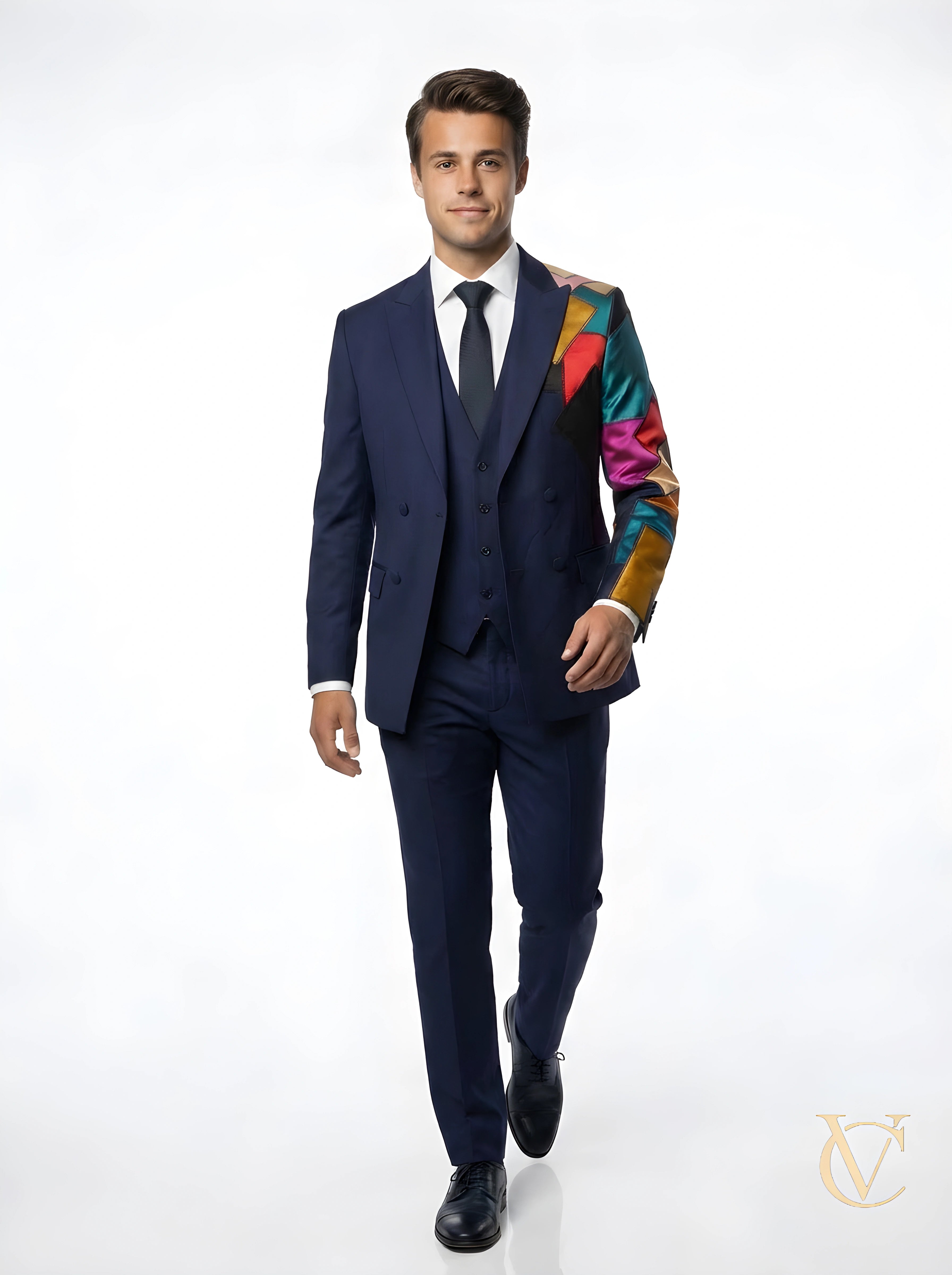 Man wearing a tailored 3-Piece Suit - Multicolour | Vellure Couture featuring a classic navy base with a bold, multicolour patterned sleeve, perfect for luxury fashion events.