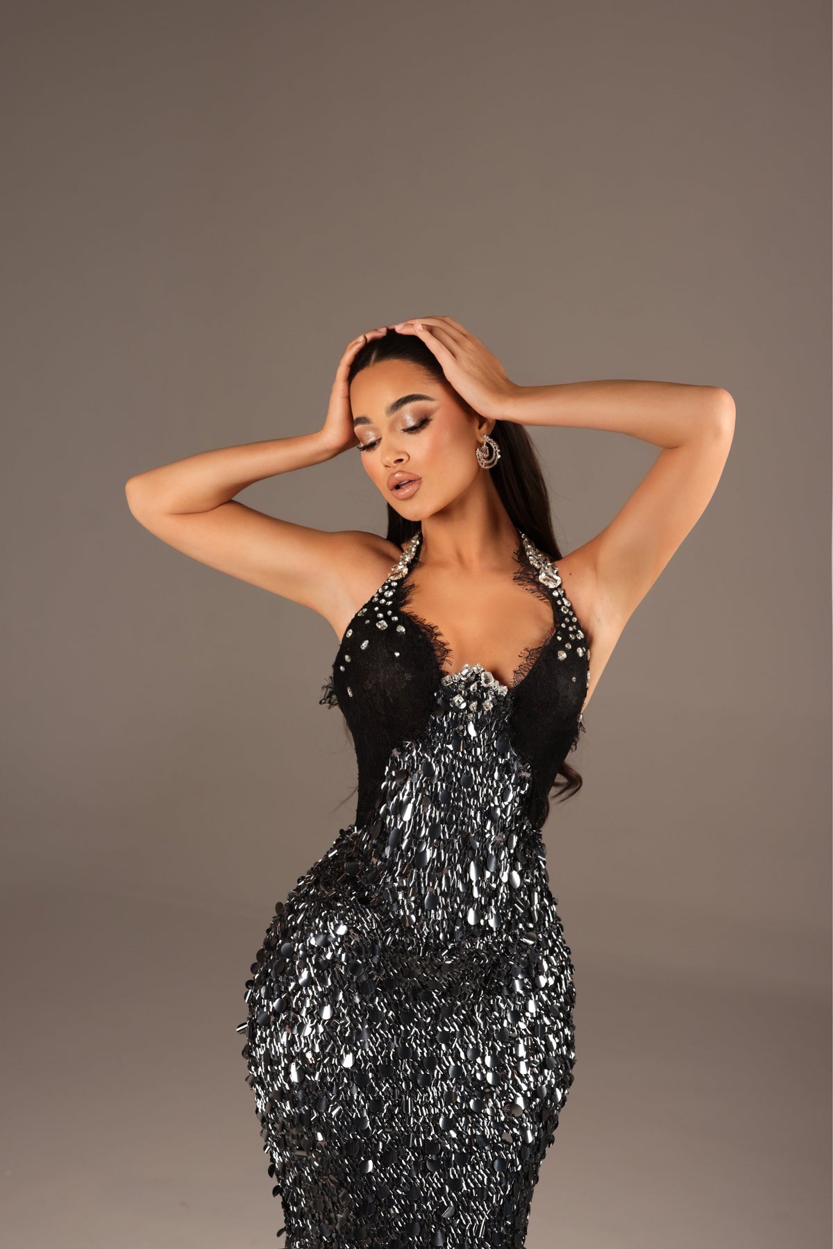 Riena - Halter Lace Corset Sequin Gown