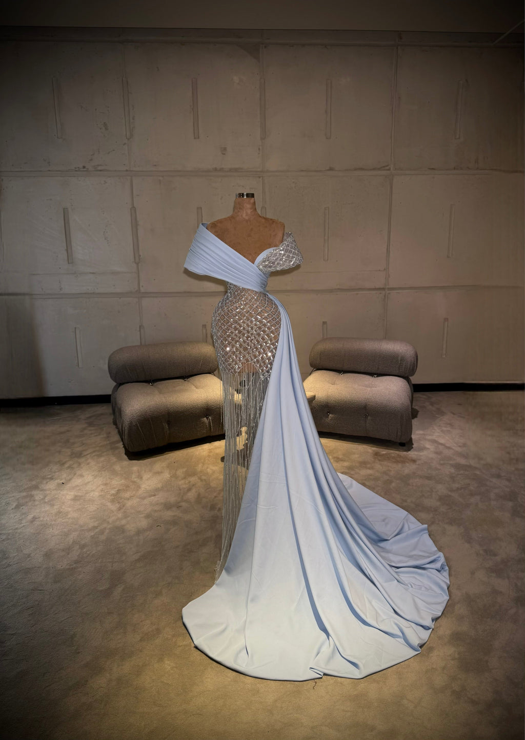 Elennè - Ice Blue Crystal Drape Gown