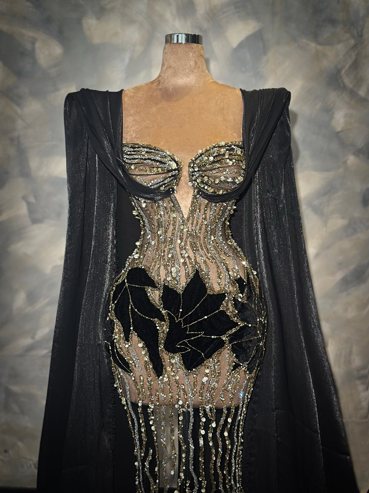 Eleia - Beaded Black Cape Dress