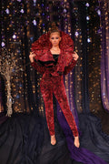 Red Shimmering Jumpsuit with Dramatic Neckline