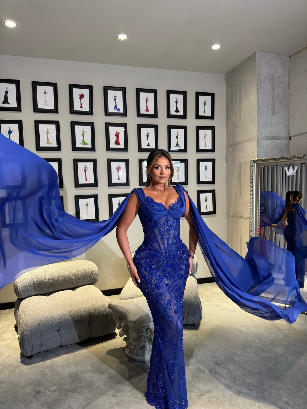 Long Royal Blue Gown with Beaded Embellishments & Draped Chiffon Sleeves