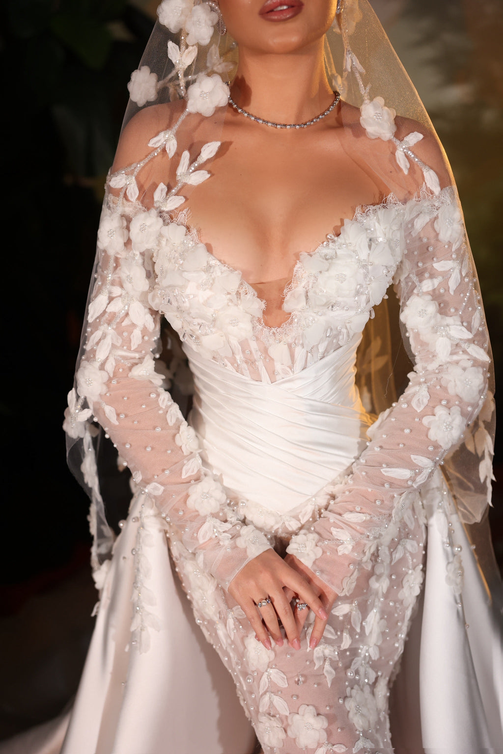 Vionelle - Floral Mermaid Gown with Detachable Cape