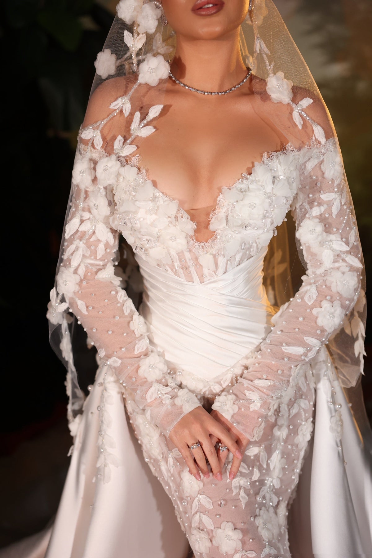 Vionelle - Floral Mermaid Gown with Detachable Cape