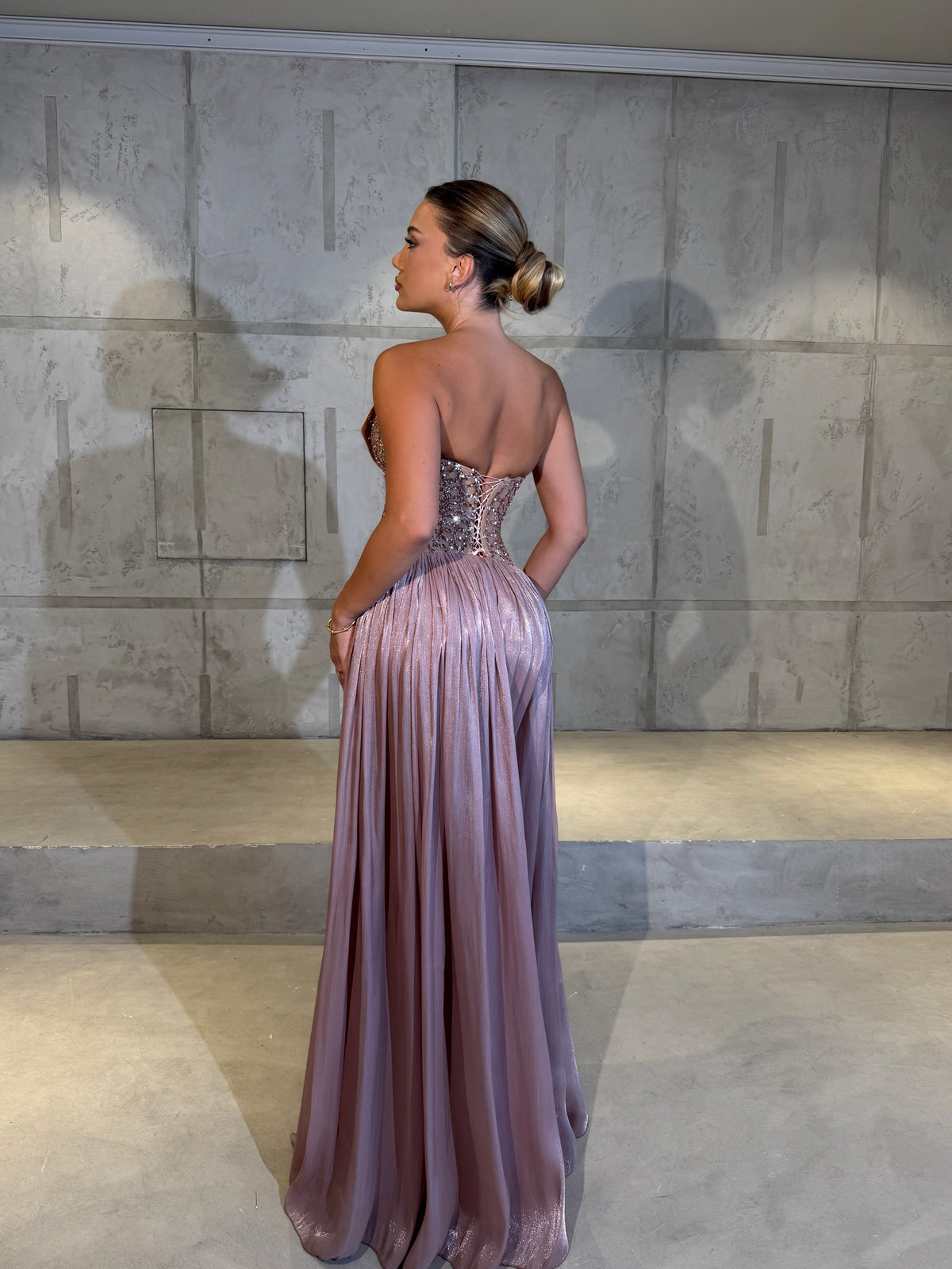 Renèe - Draped Metallic Blush Gown