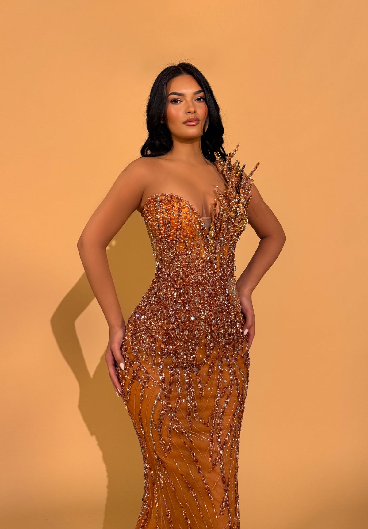Amber Crystal Embellished Strapless Gown