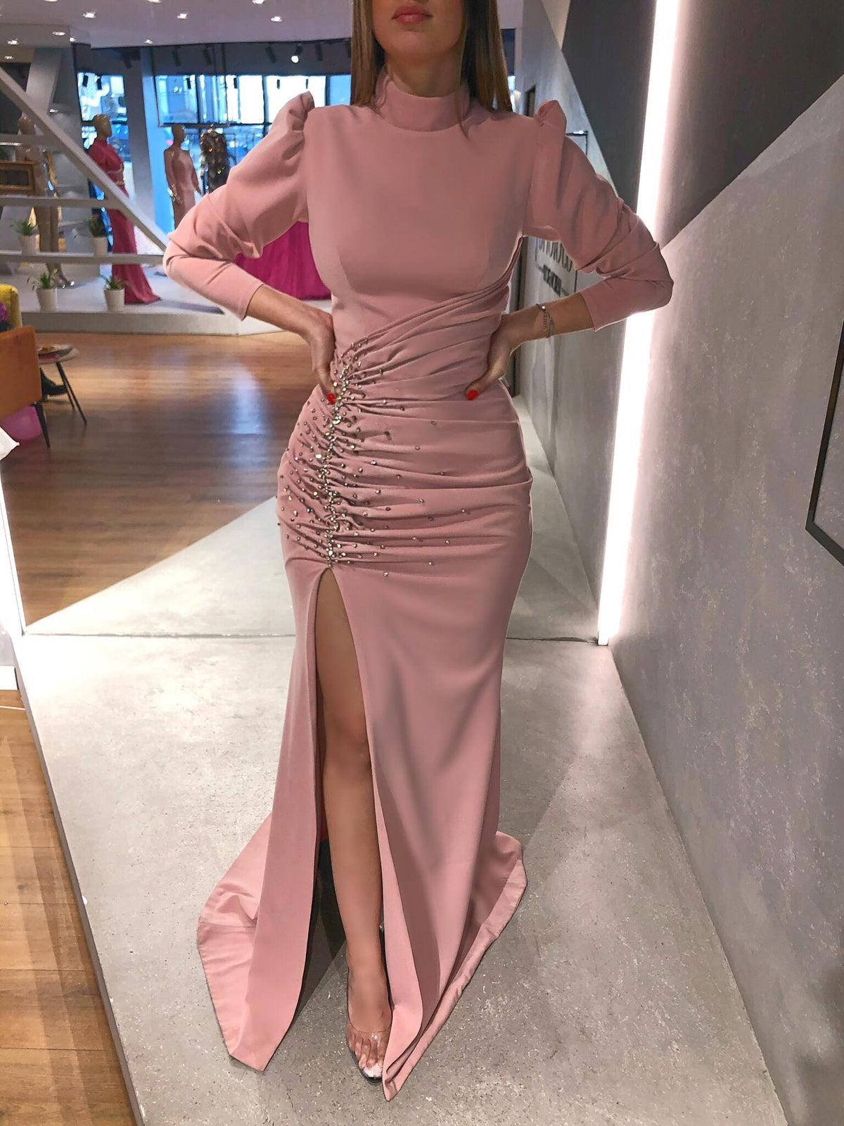 Long Pink Draped Dress