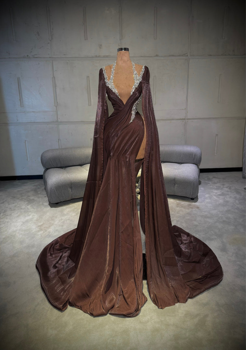 Amèla – Brown Gown with Deep Plunge