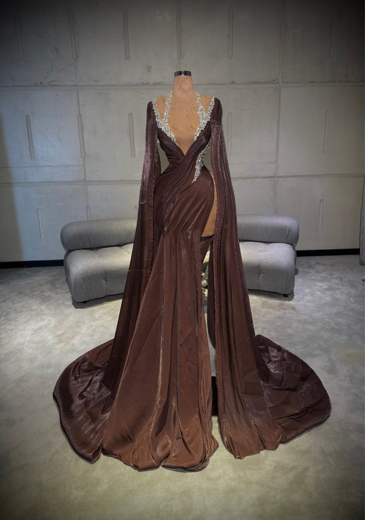 Amèla – Brown Gown with Deep Plunge