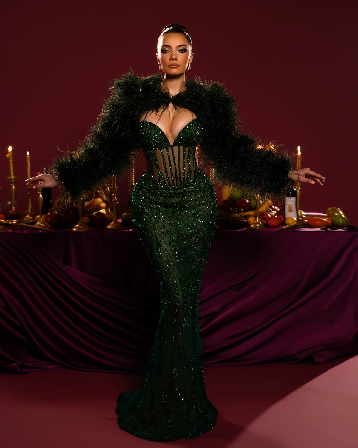 Emerald Feathered Gown