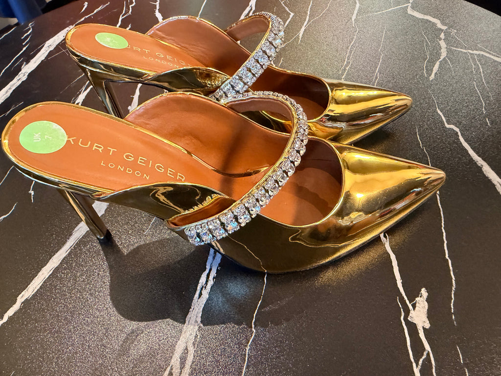 Kurt Geiger Gold Crystal Strap Stiletto Mules | Luxury Footwear | Vellure Couture
