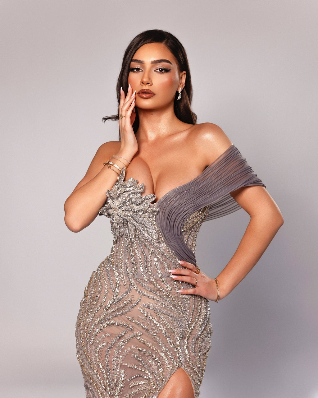 Off Shoulder Gown with Detachable Cape