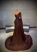Elena - One Shoulder Chocolate Evening Gown with Train
