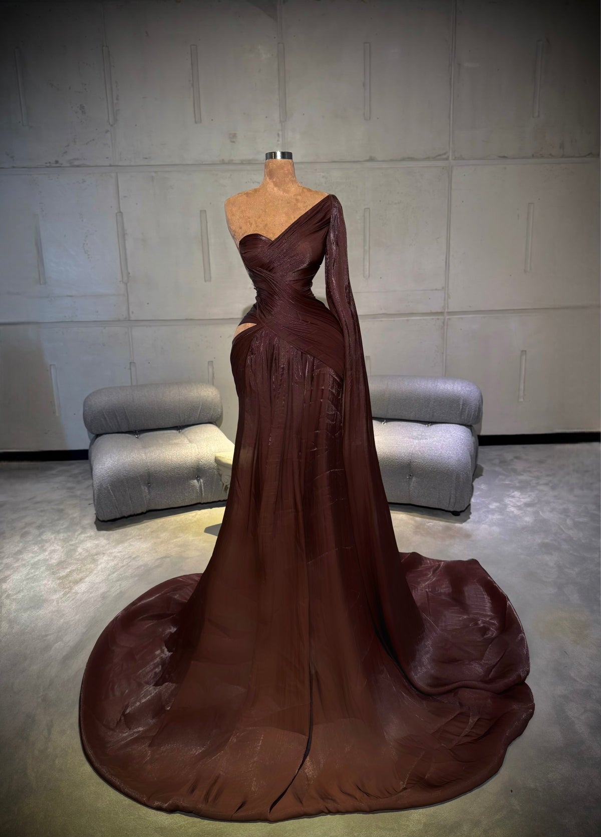 Elena - One Shoulder Chocolate Evening Gown with Train