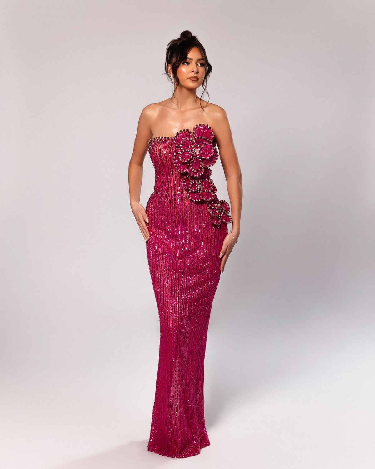 Strapless Dress with 3D Floral Embellishment