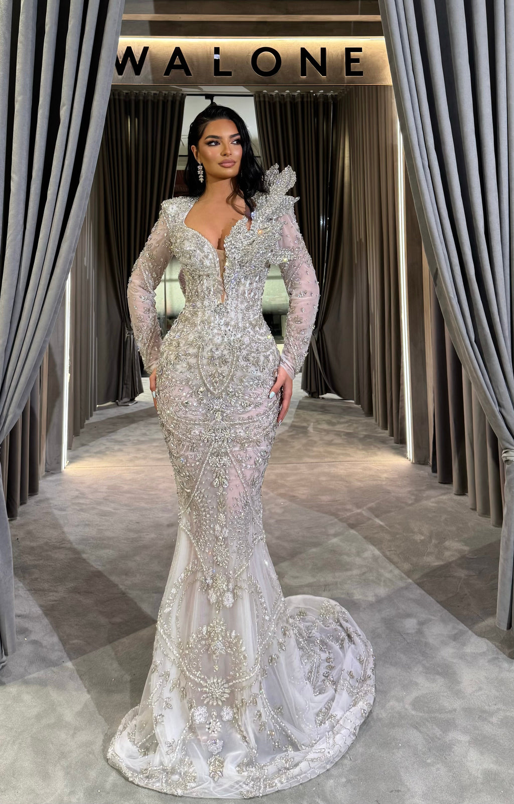 Long Sleeve Embellished Silver Mermaid Dress
