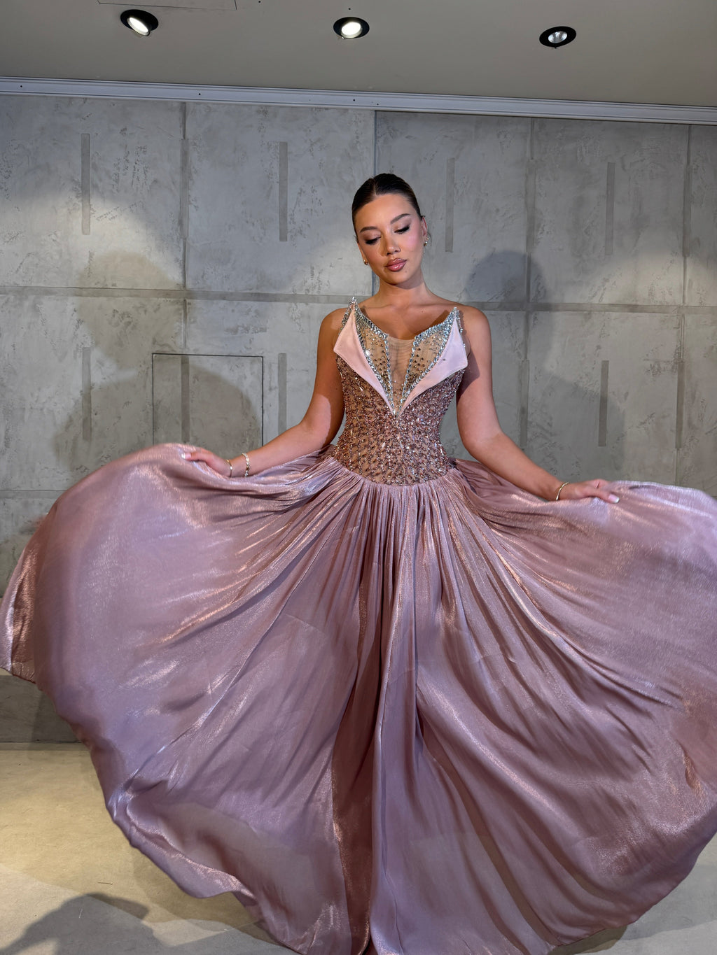 Renèe - Draped Metallic Blush Gown