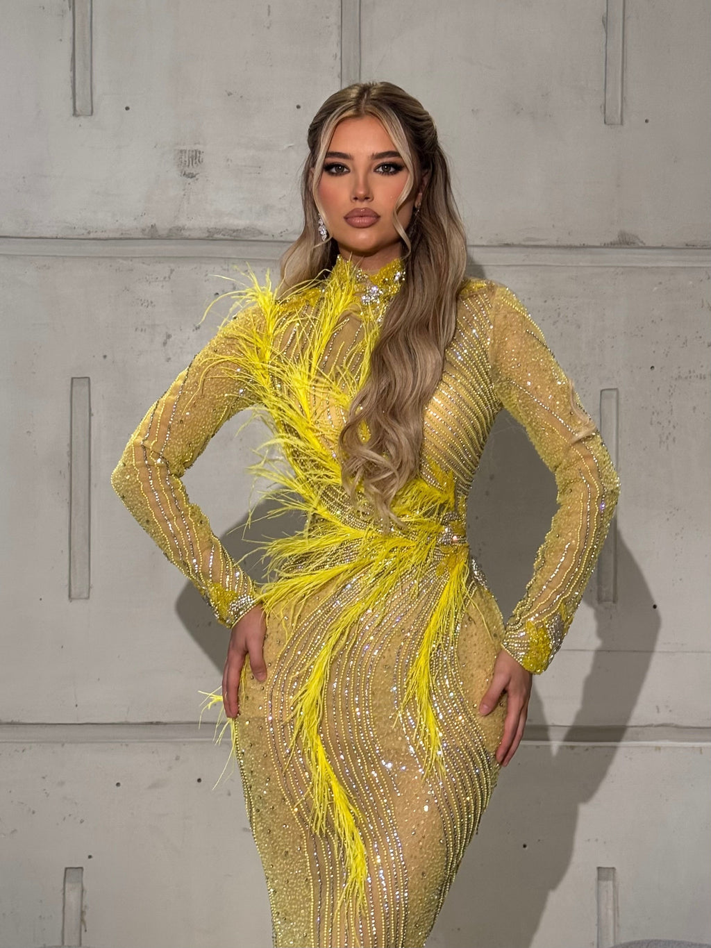 Yellow Gown with Feather Accents
