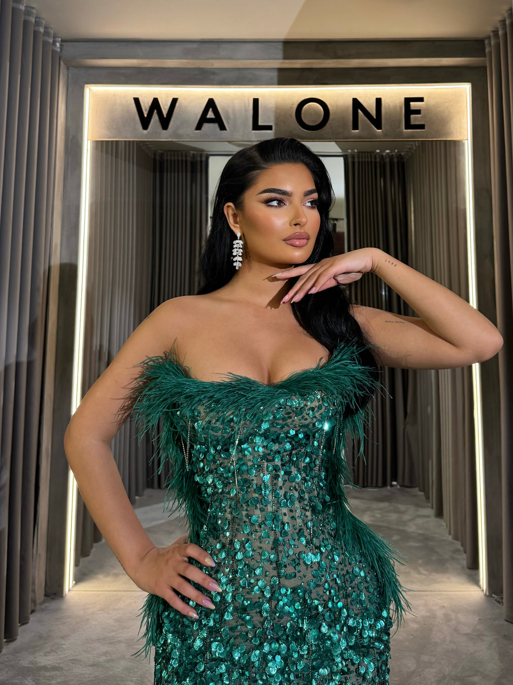 Emerald Green Feathered Sequin Gown