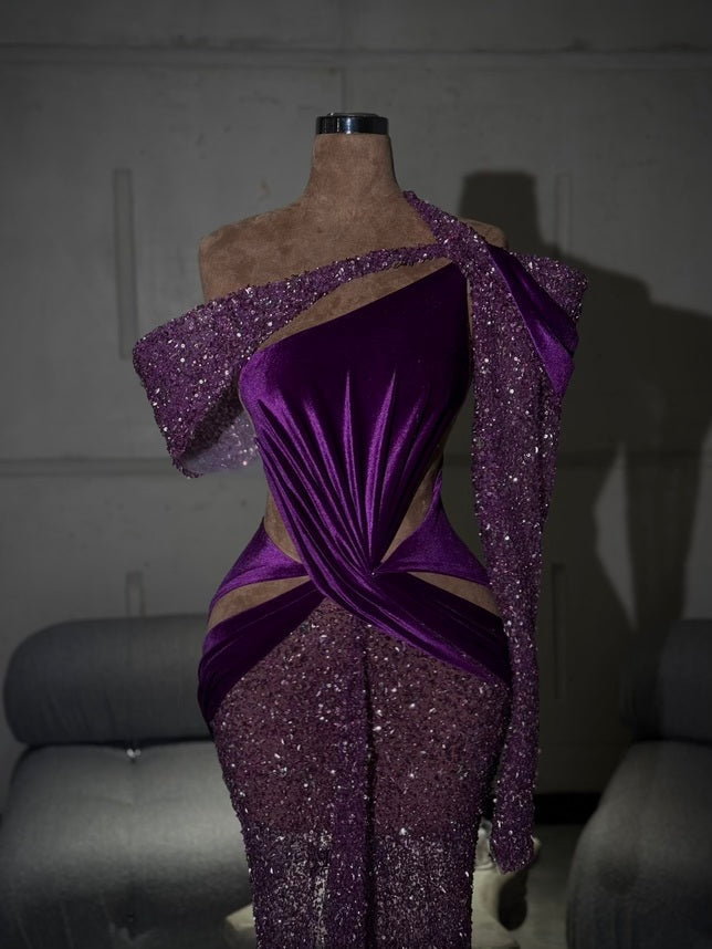 Kaleya - Deep Violet Asymmetric Couture Gown