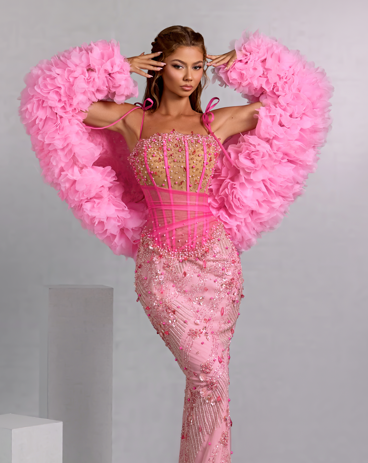 Embellished Pink Gown with Detachable Floral Organza Sleeves