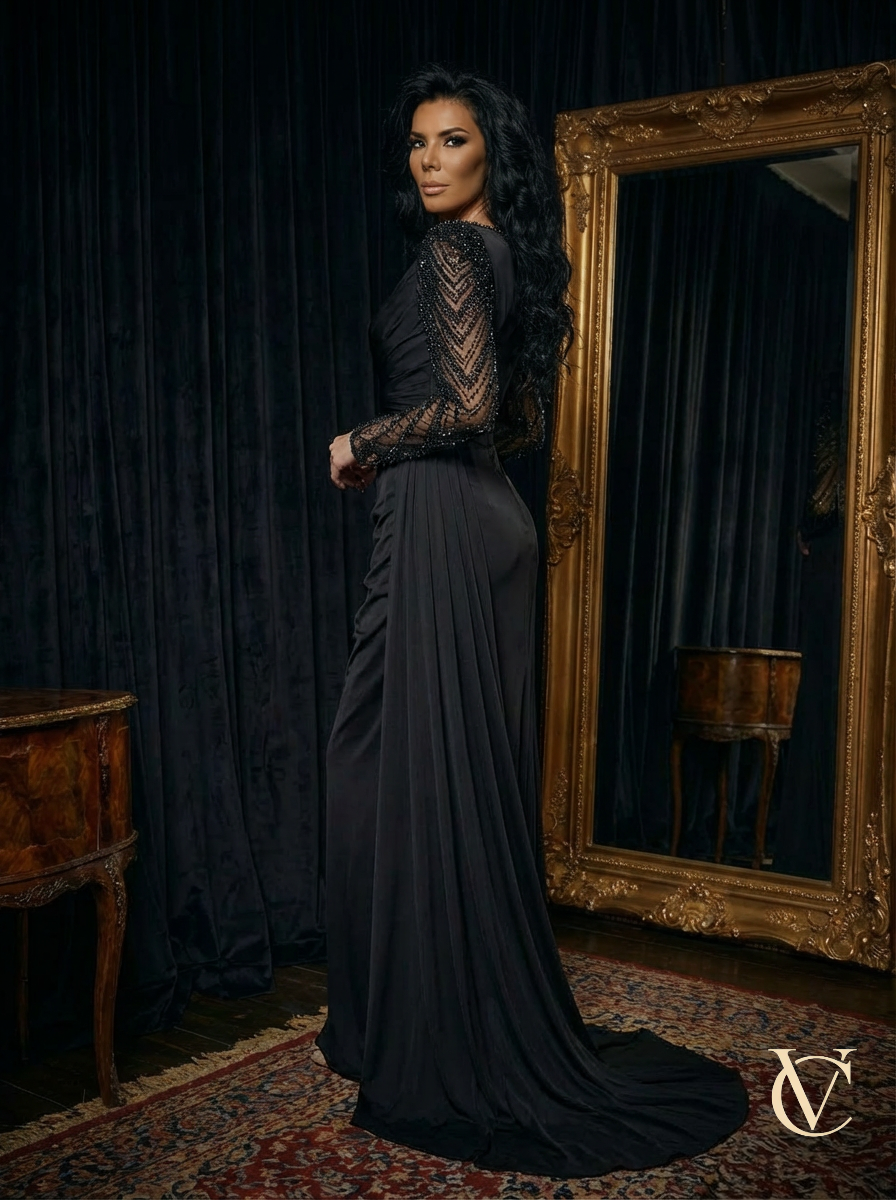 Noir Crystal Sleeve Evening Gown — Luxury Couture UK | Vellure Couture