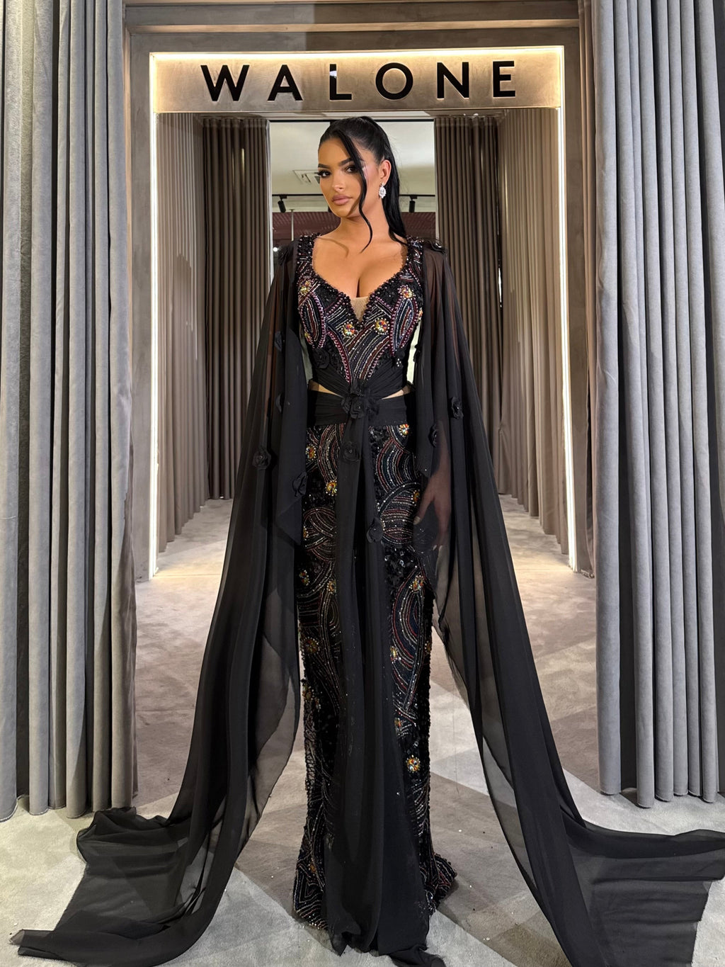 Multicolor Beaded Black Dress with Flowing Chiffon Cape