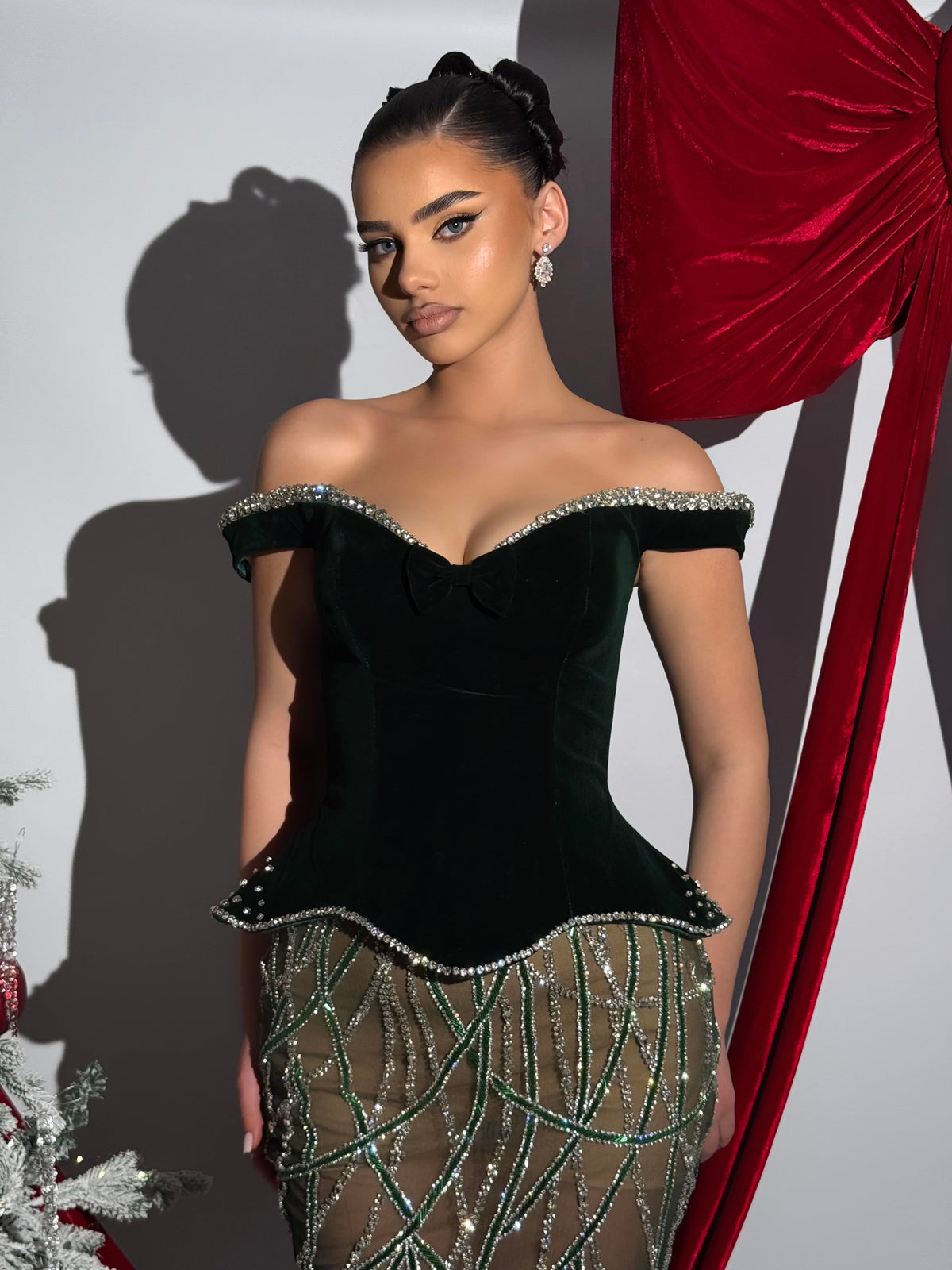 Lunéa - Off Shoulder Velvet & Beaded Gown