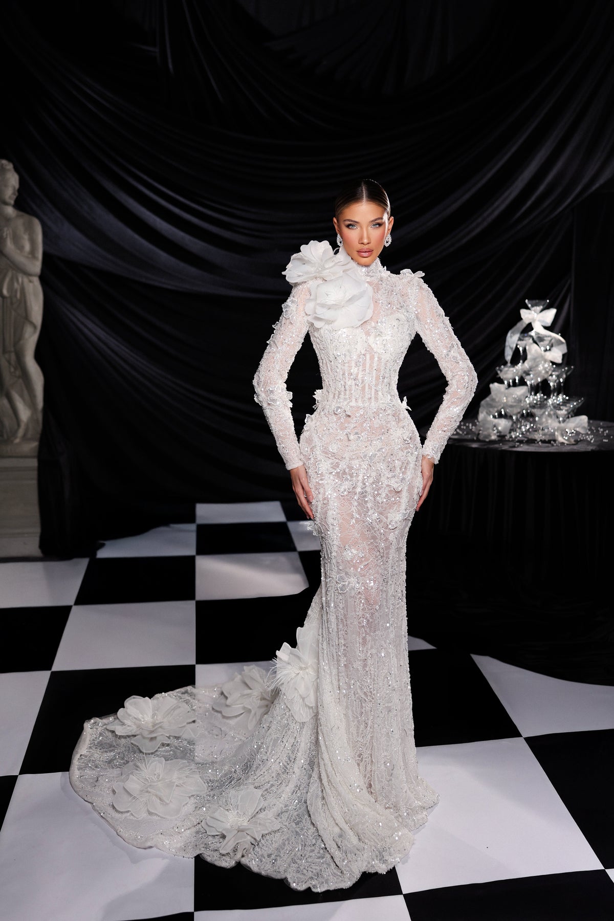 Long Sleeve Floral Lace Wedding Gown