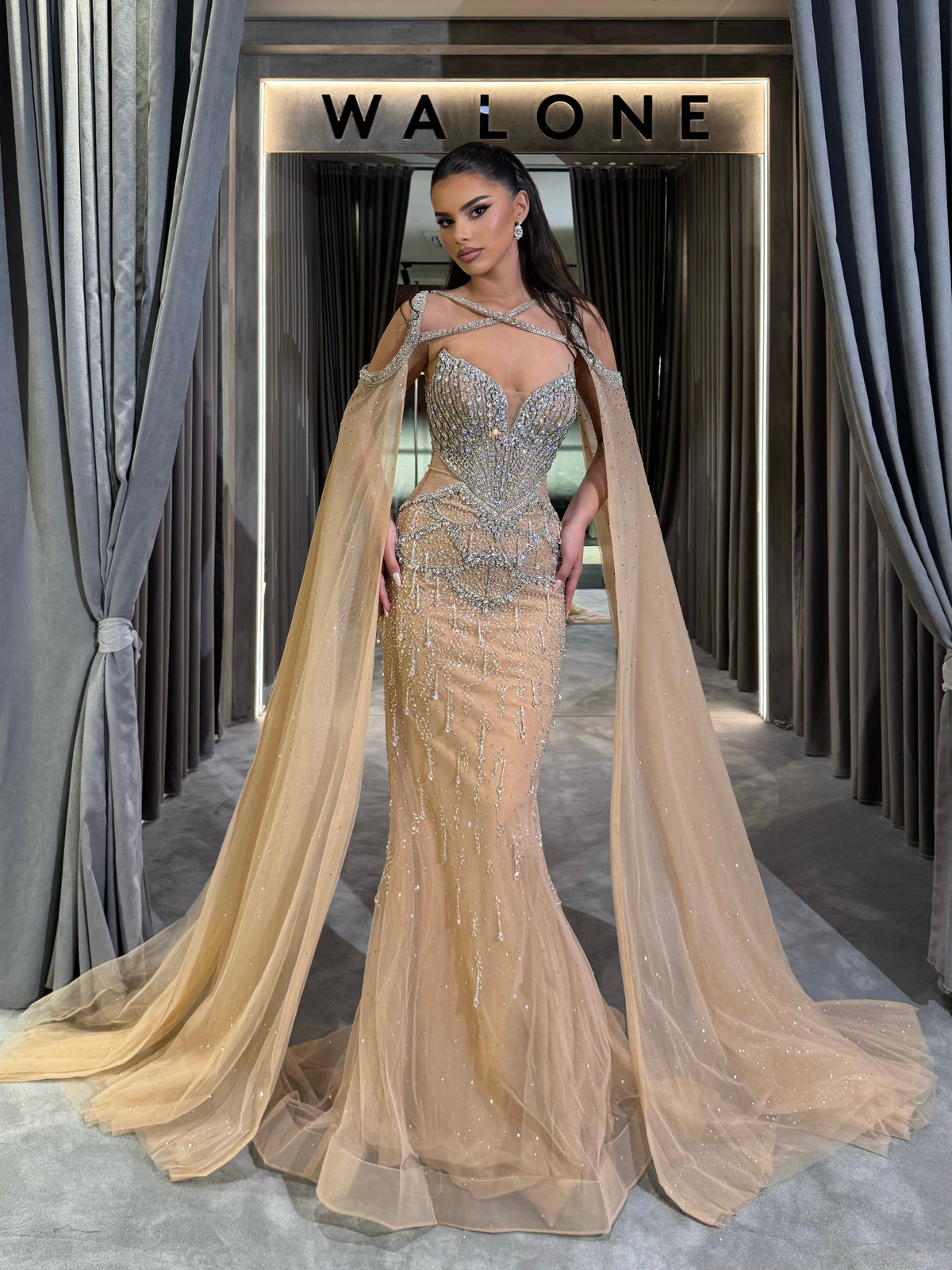 Champagne Gown with Cross-Strap Bodice and Tulle Cape