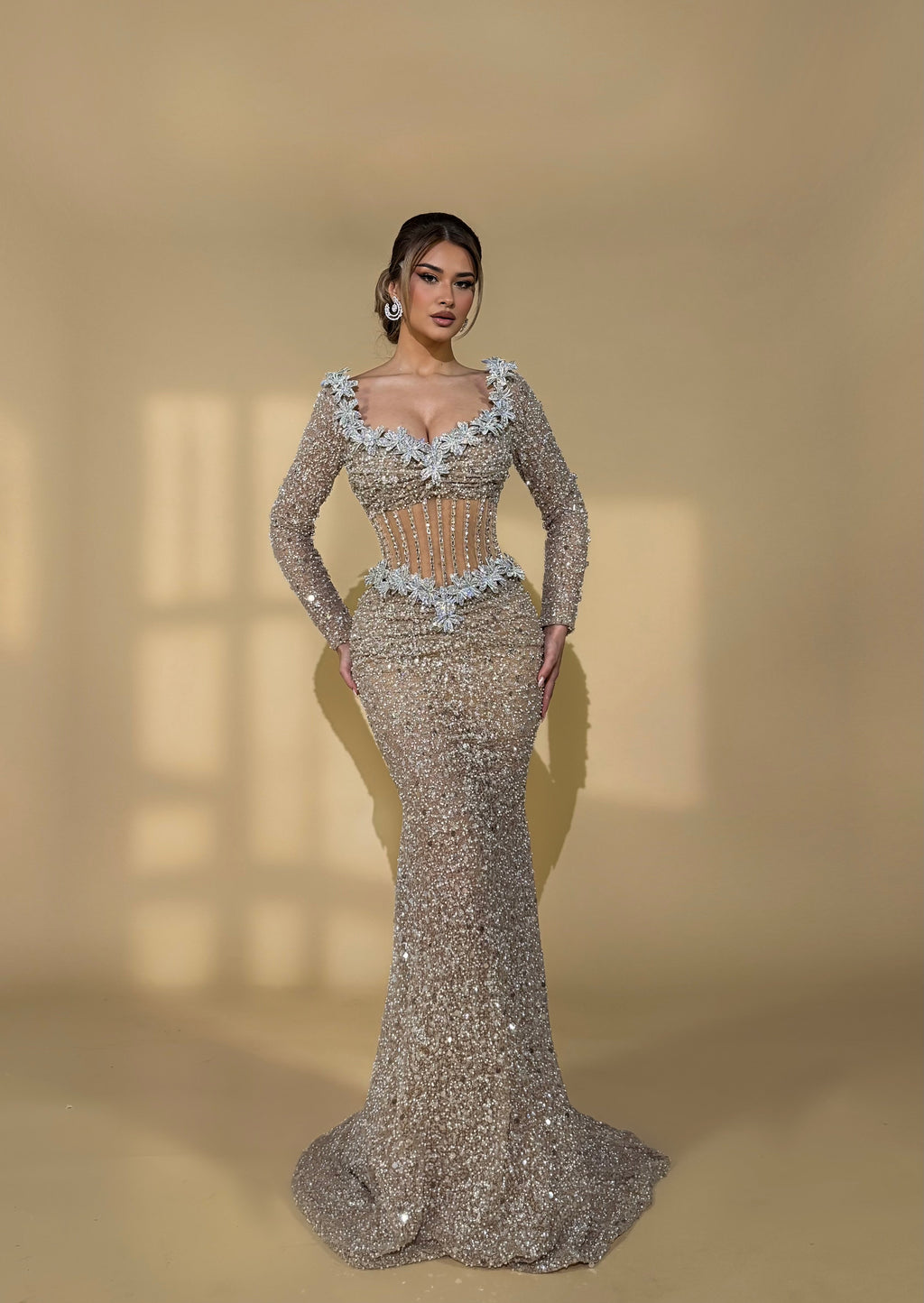 Floral Embroidered Gown with Sheer Corset Waist