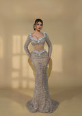 Floral Embroidered Gown with Sheer Corset Waist