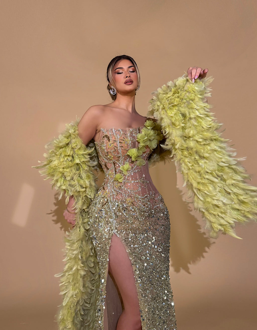 Lime Orchid Crystal Gown with Feather Shawl