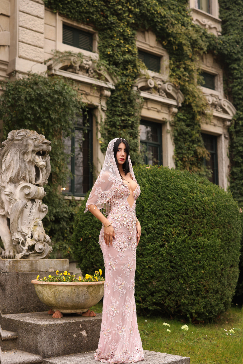 Bellaria - Embellished Deep V Lace Gown