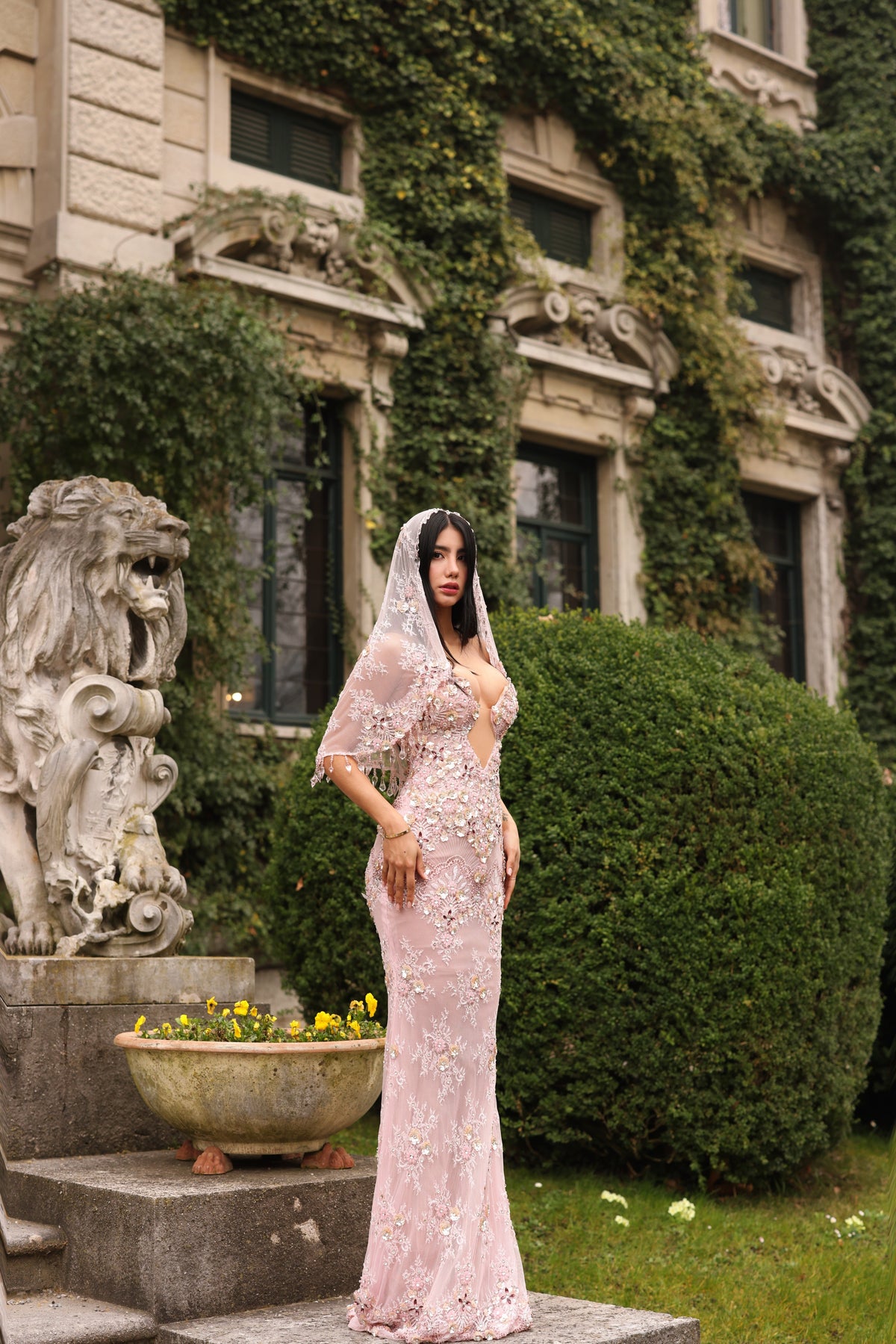 Bellaria - Embellished Deep V Lace Gown