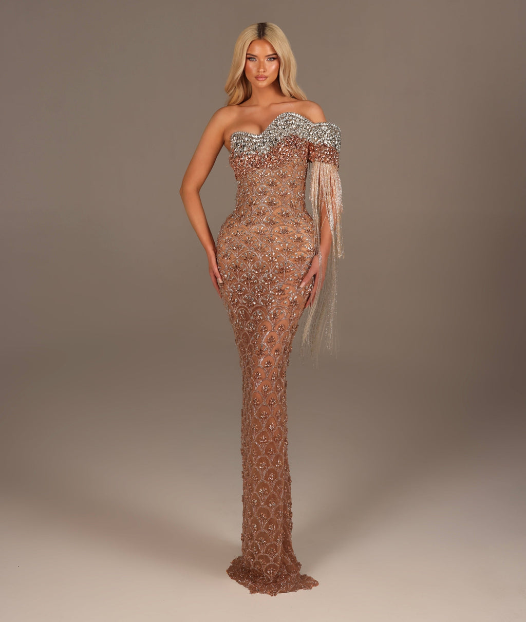 Dorissa - One Shoulder Crystal Fringe Gown