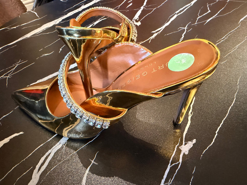 Kurt Geiger Gold Crystal Strap Stiletto Mules | Luxury Footwear | Vellure Couture