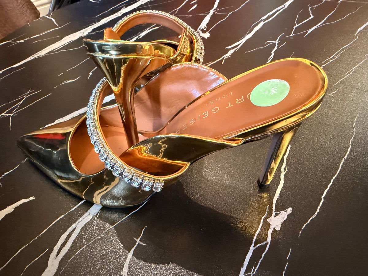 Kurt Geiger Gold Crystal Strap Stiletto Mules | Luxury Footwear | Vellure Couture