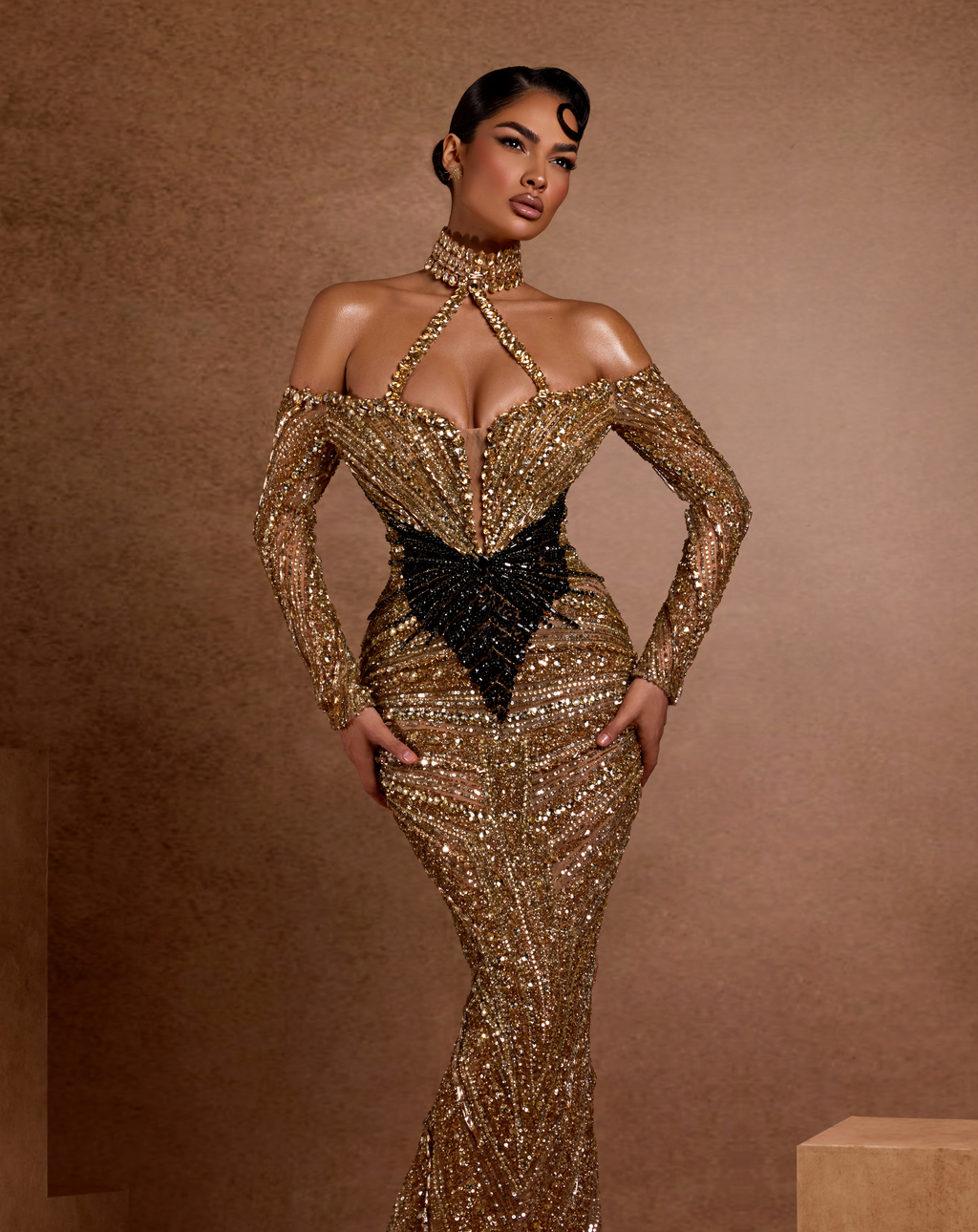 Gold & Black Sequin Halter Dress