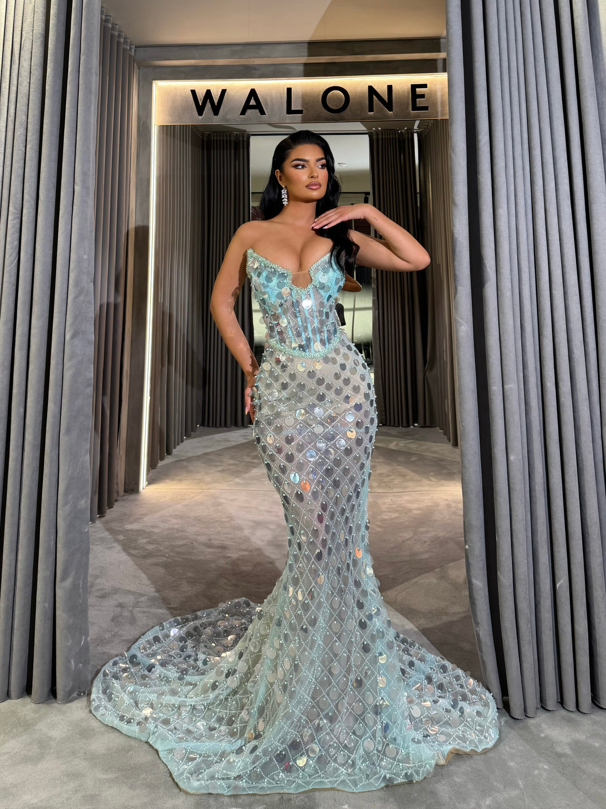 Long dress with crystal mesh overlay and structured corset bodice