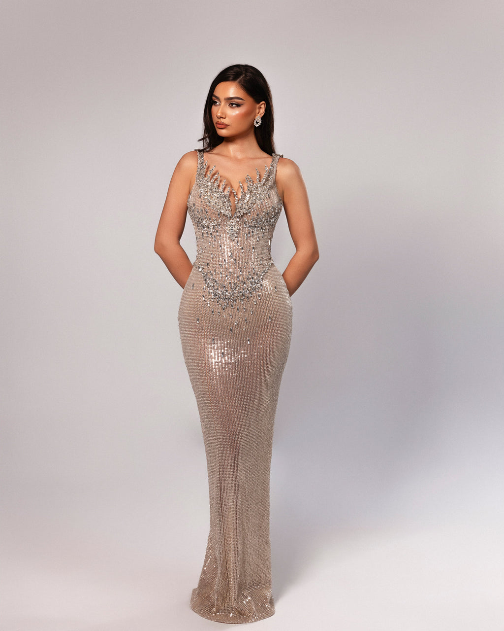 Plunging Neckline Sequin Gown with Detachable Overskirt