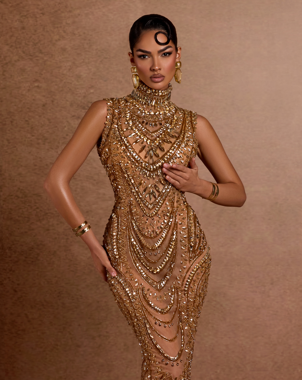 High Neck Gold Embellished Dress