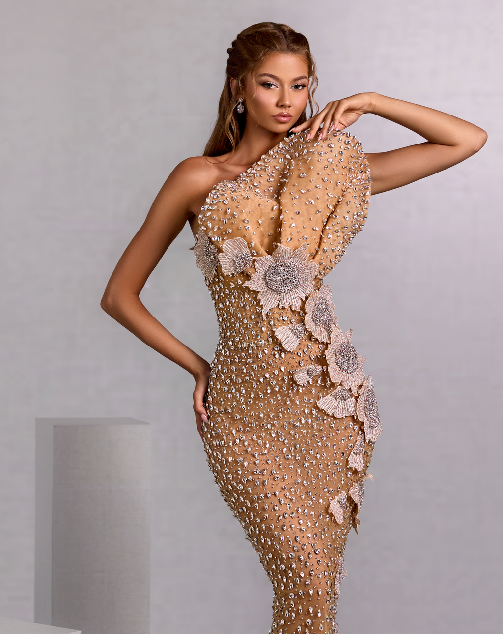 Asymmetrical Crystal Gown with 3D Silver Floral Appliqués