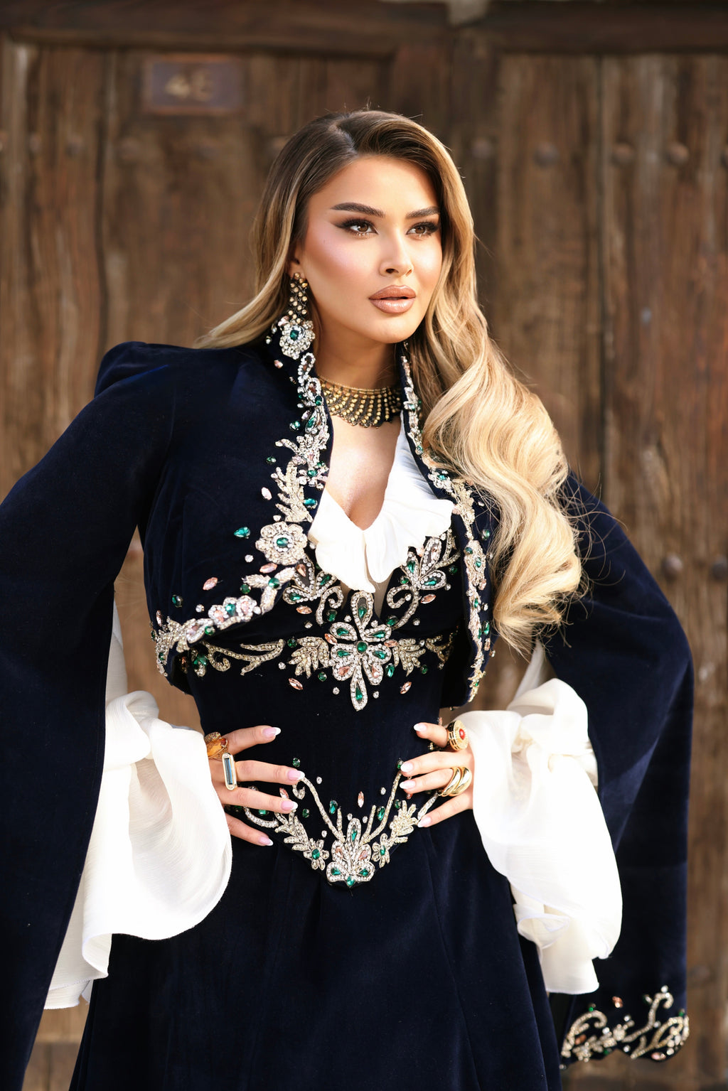 Donika - Velvet Gown with Crystal Waist Embroidery