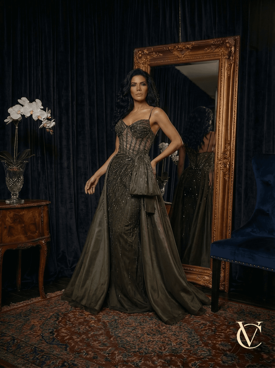 Olive Green Couture Evening Gown