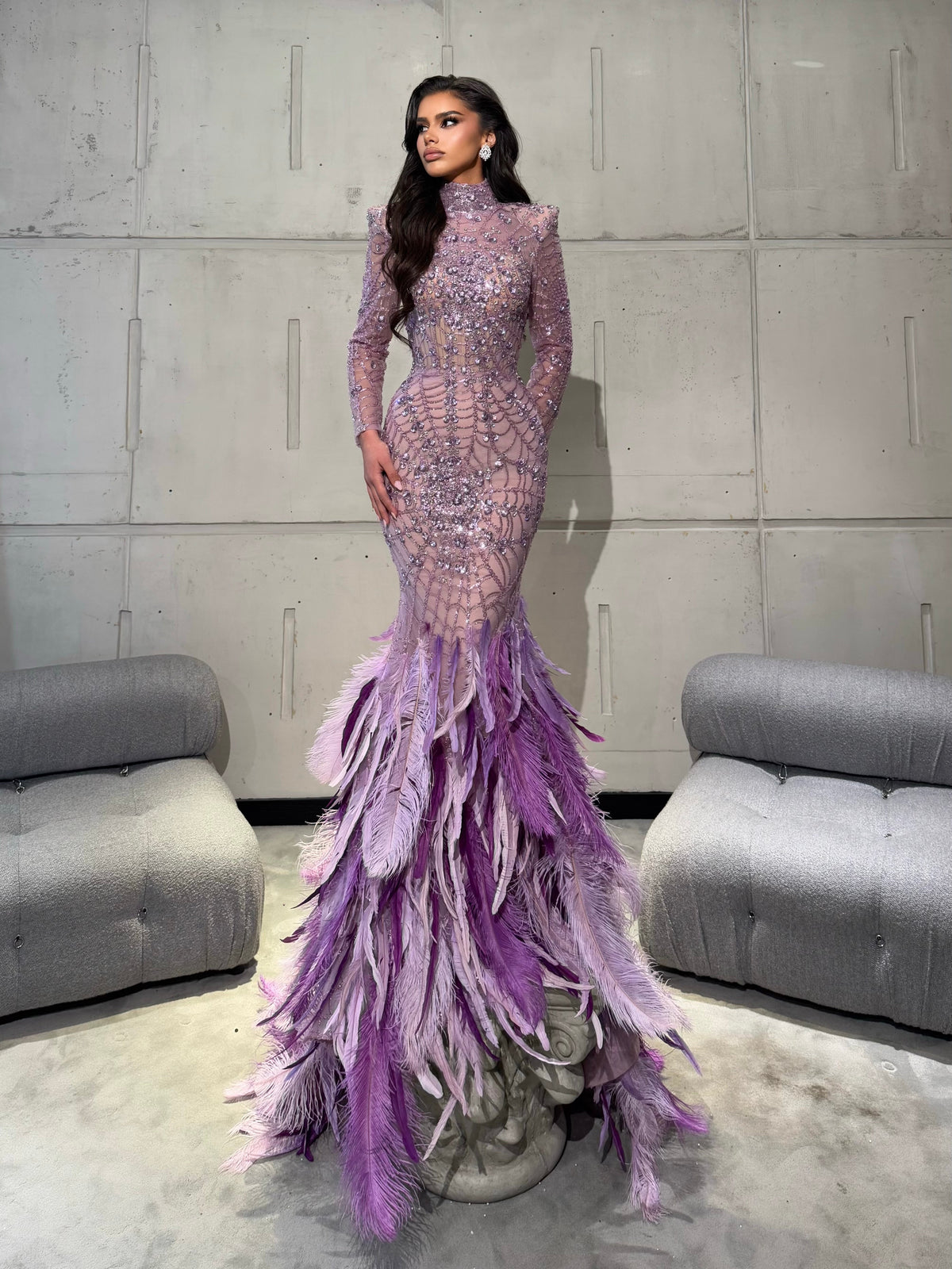 Lilac Feathered Dress with Open Back