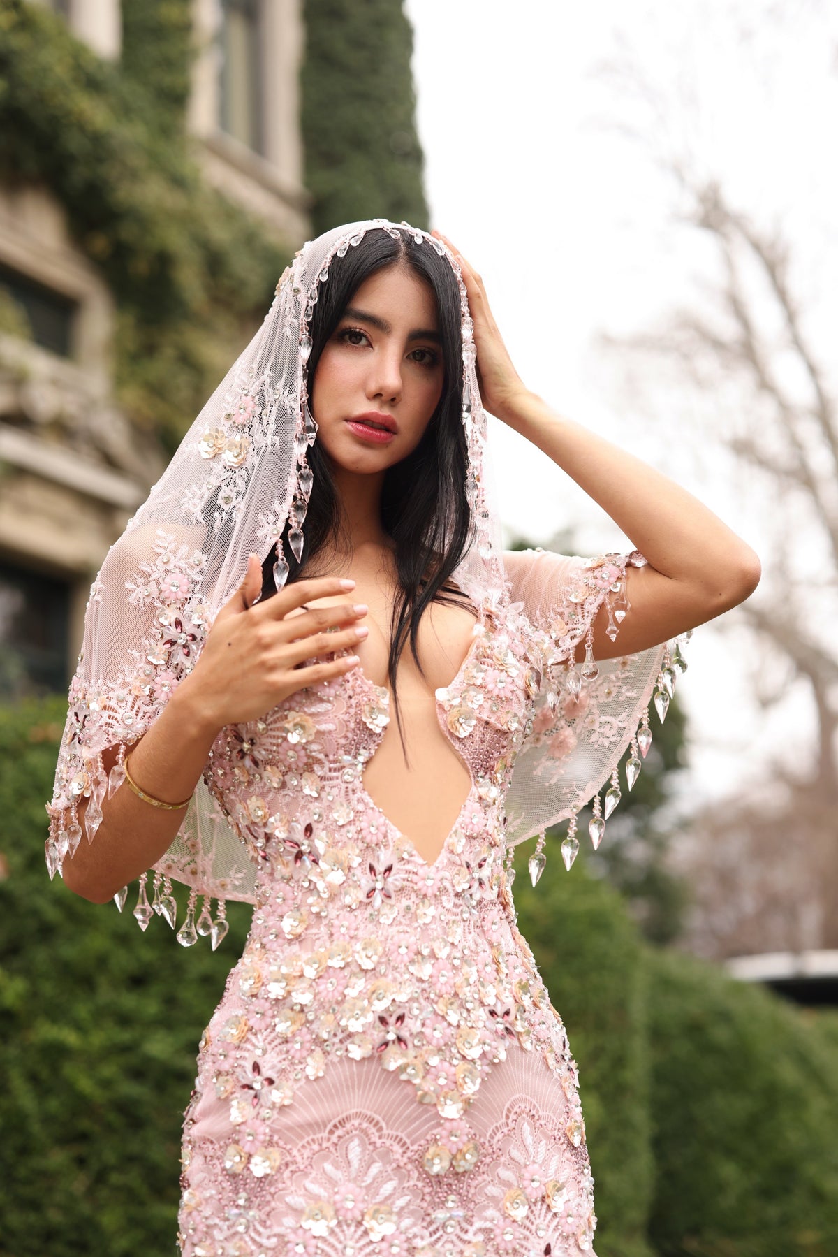 Bellaria - Embellished Deep V Lace Gown
