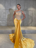 Lohanna - Golden Velvet Draped Gown